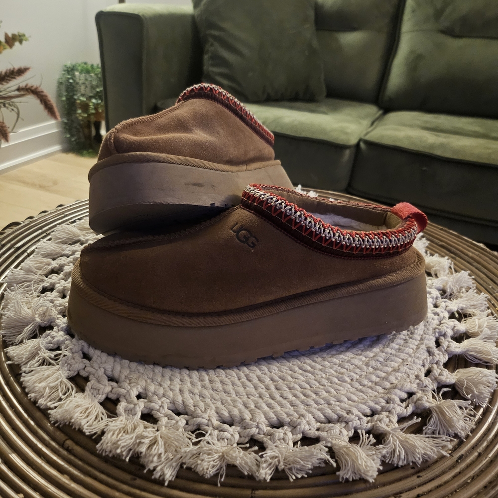 UGG Brown Suede Platform Clogs with Red Trim